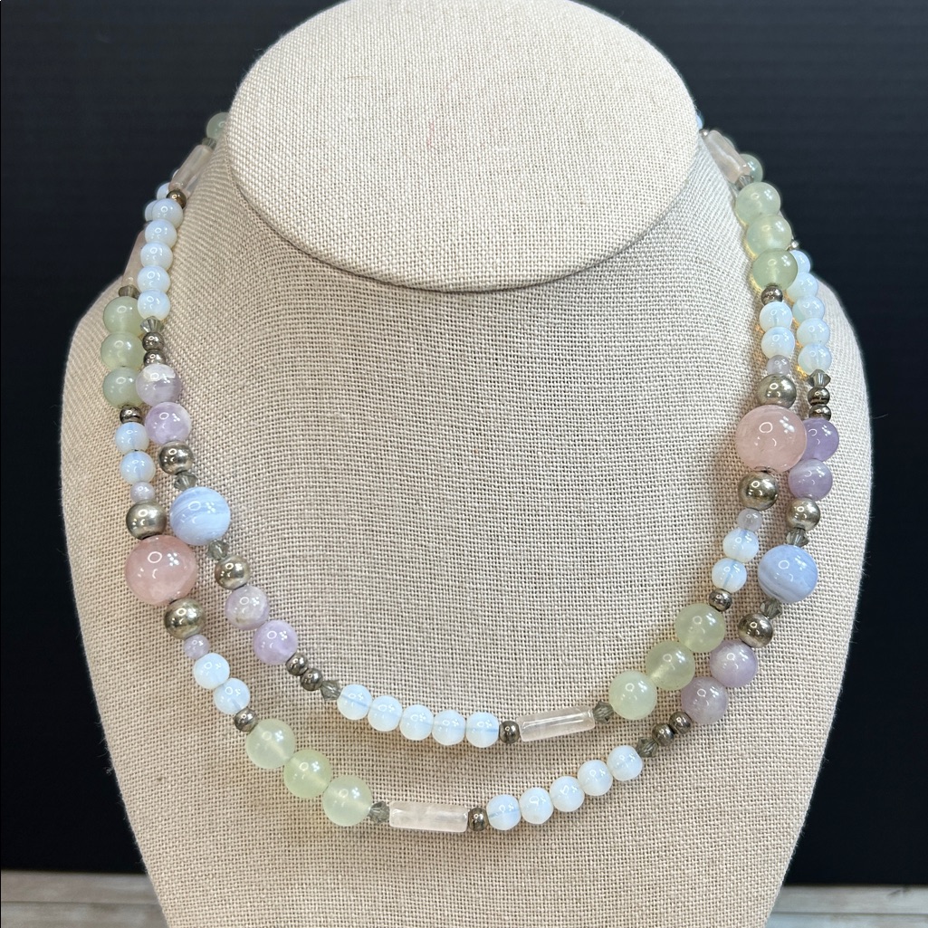 Vintage Blue Lace Agate Rose PrasioliteMilky Quartz 925 Silver Beads Clasp 100$